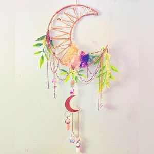Handmade Gold Crystal Bead Crescent Moon Floral Sun Catcher Boho Dream Catcher
